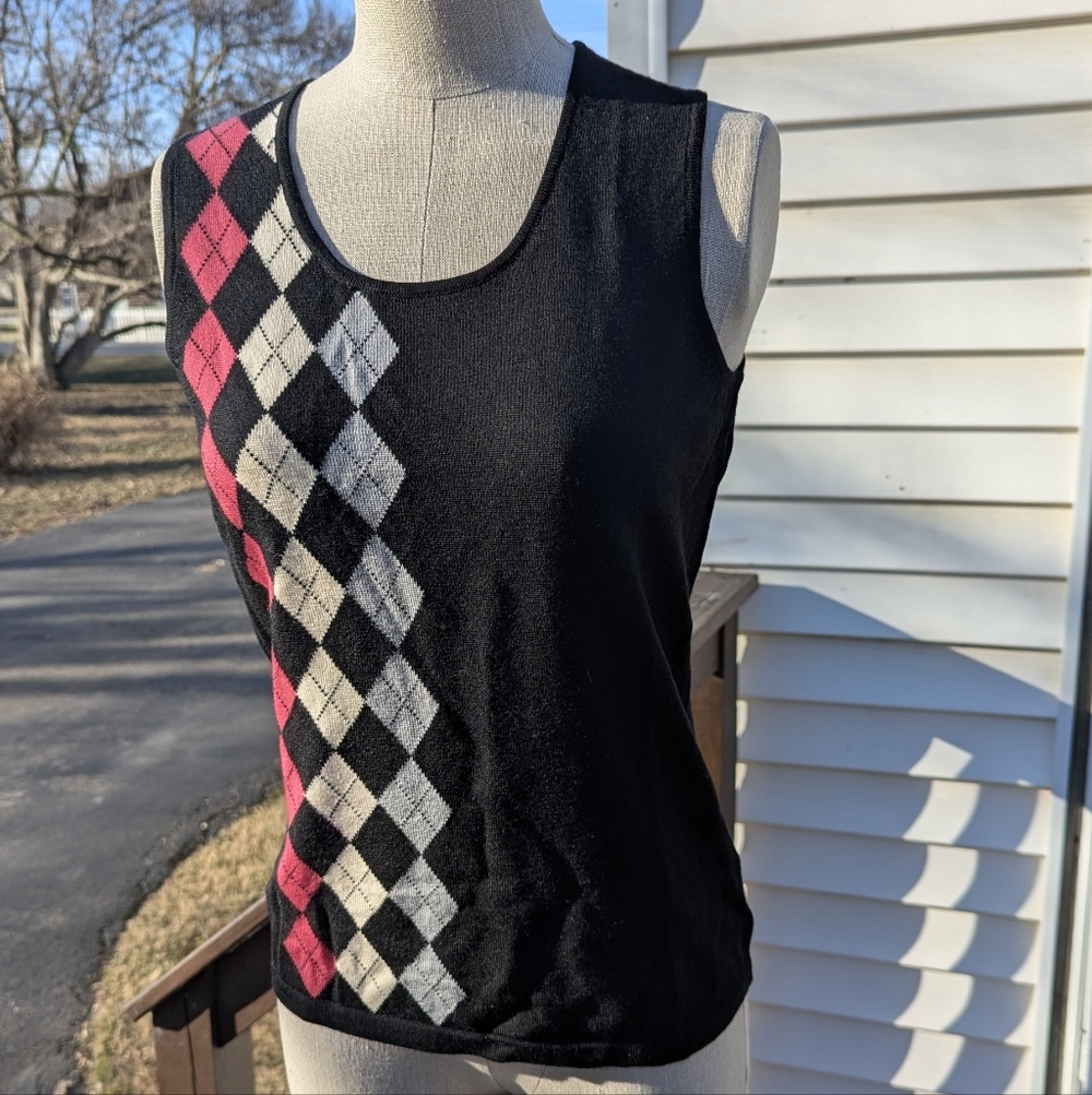 NWT Fairway & Green Black Argyle Merino Wool Sweater Tank, Size S